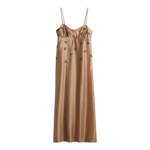 H&M Edition Dark Tan Sheer Embellished Slip Dress - Picture 1 of 15